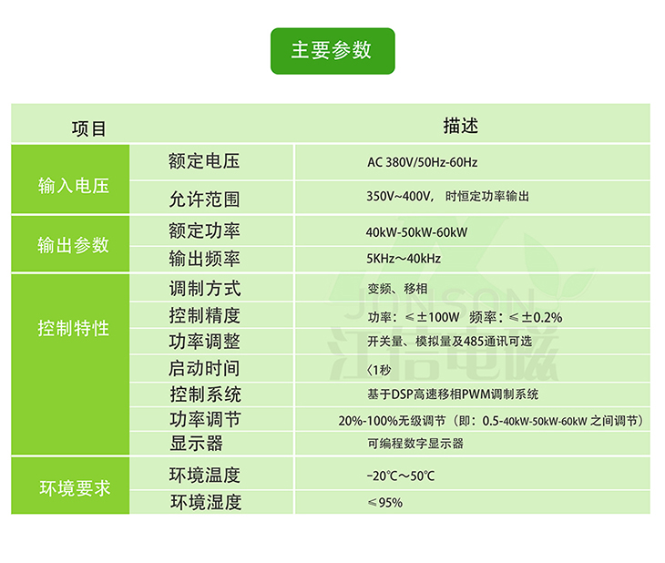 40~60KW电磁加热器主要参数